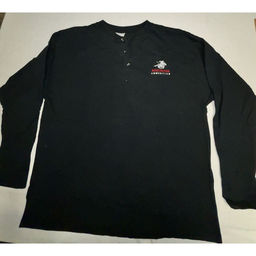 Size 2X Winchester Ammunition Henley Black Long Sleeve Shirt Embroidered Logo